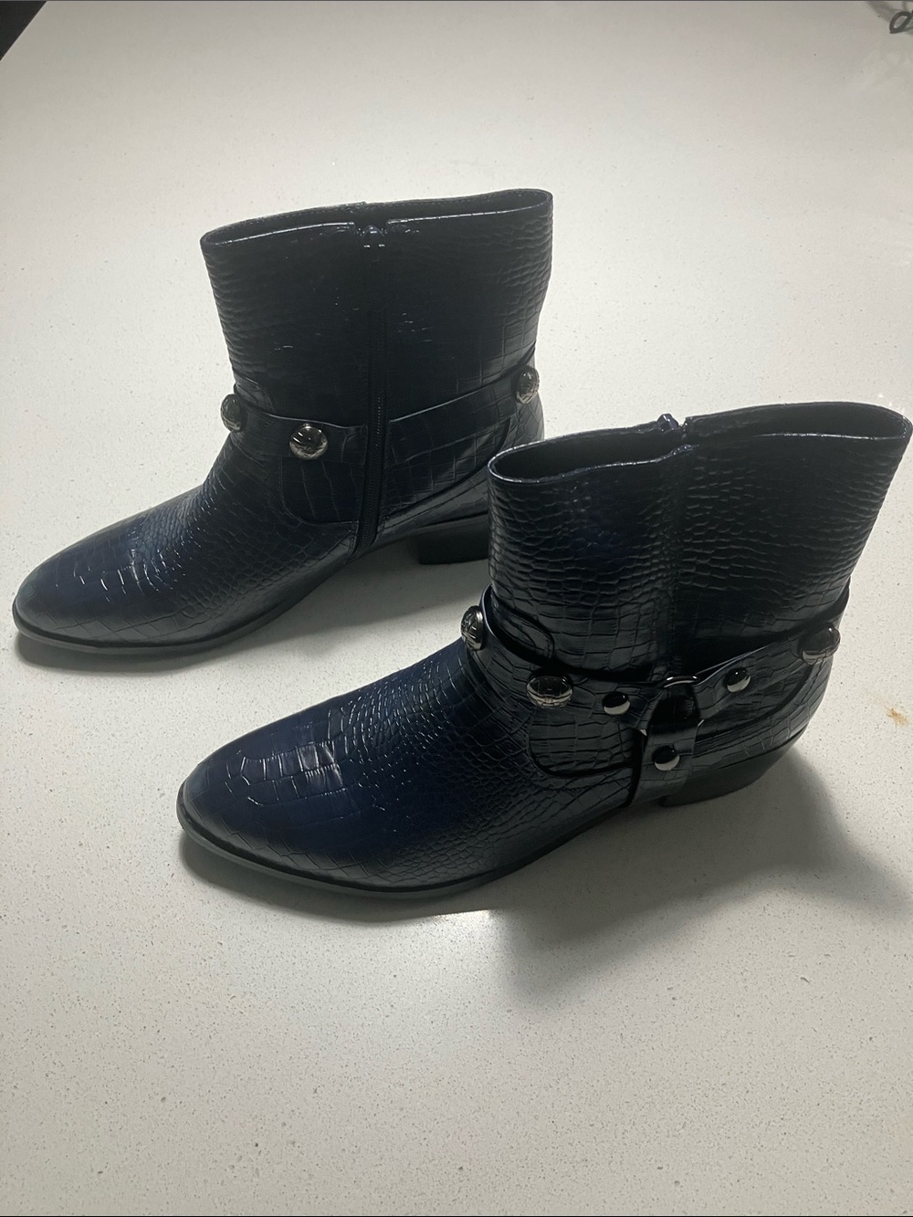Monroe & Main Black Croc-Embossed Ankle Booties with Studded Harness